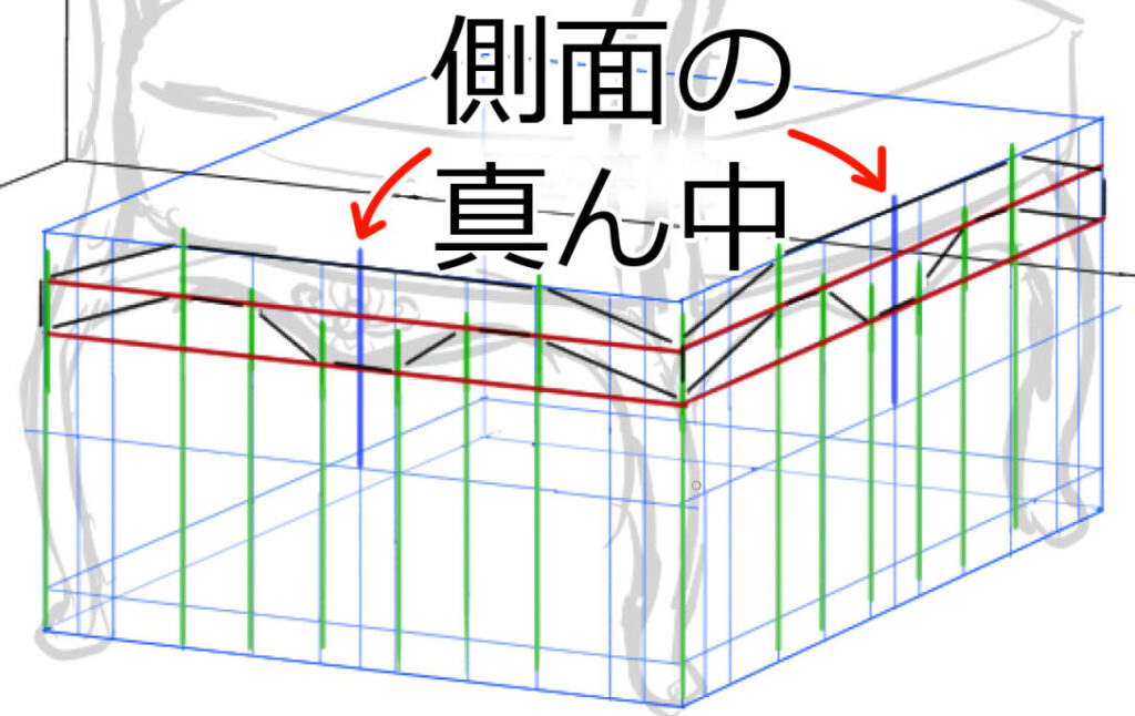 グリッドを引くことで目安の線を引けた椅子の座