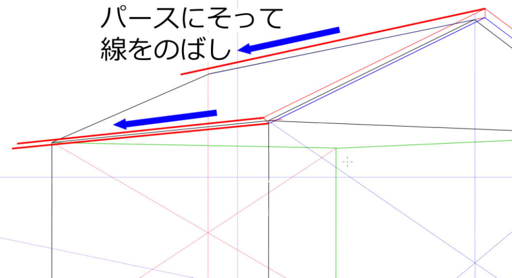 屋根の奥に向かって線を引く