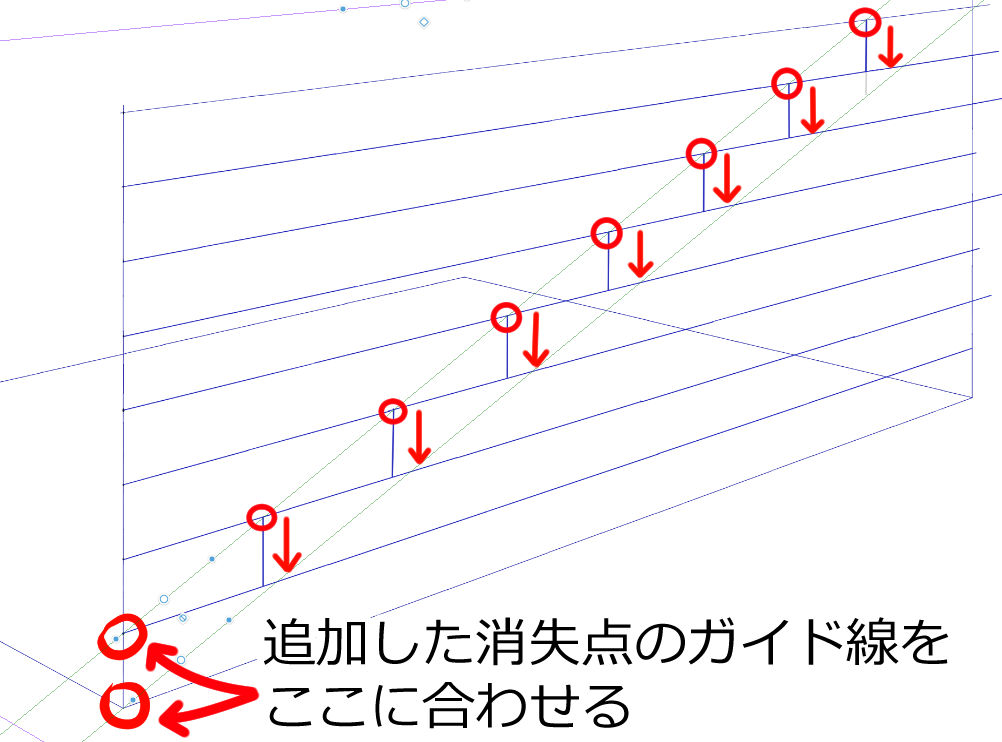 追加したガイド線を四角の縦線に合わせて蹴上げの高さの線を引いていく