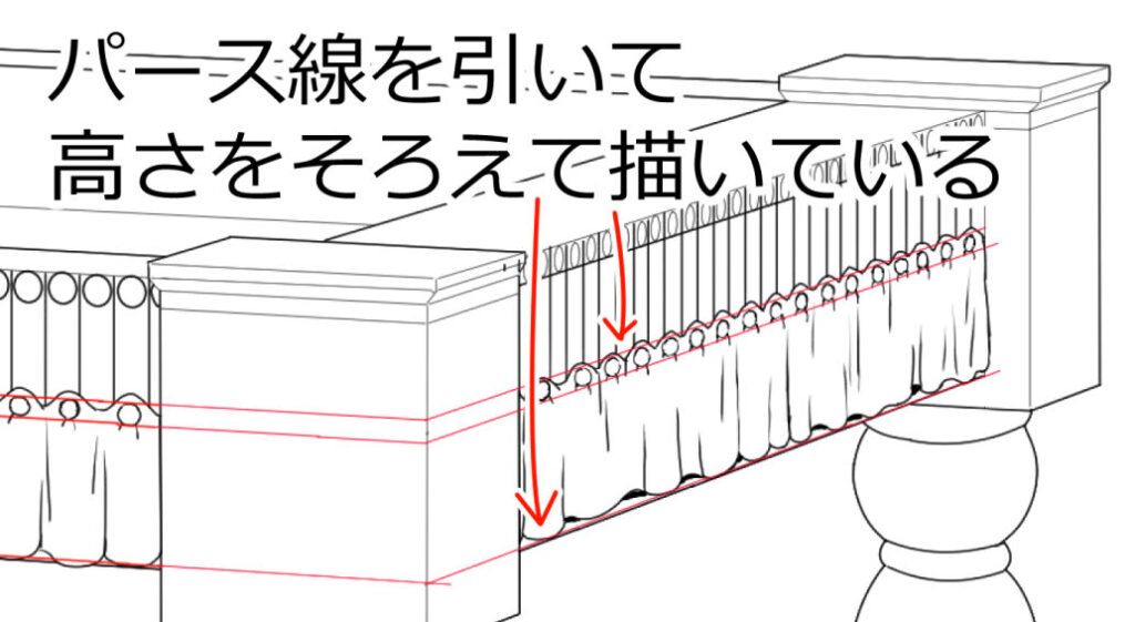 パース線を引いて布の高さをそろえる