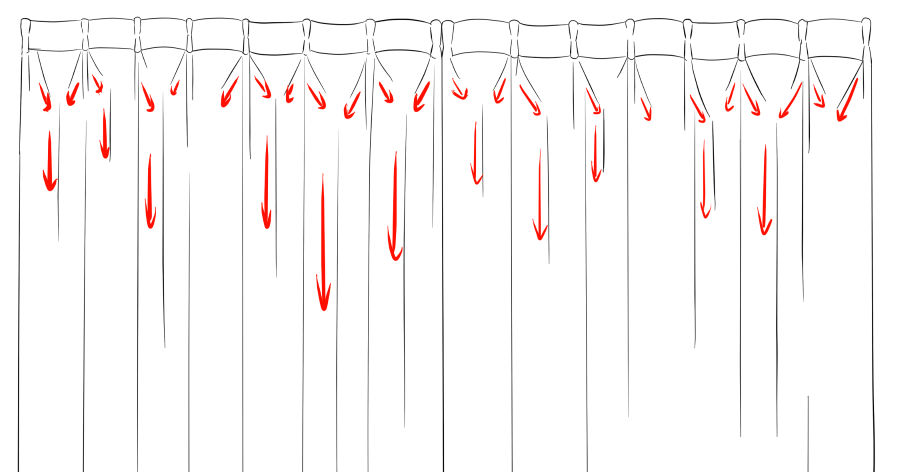 カーテンの上からY字型にのびるしわ