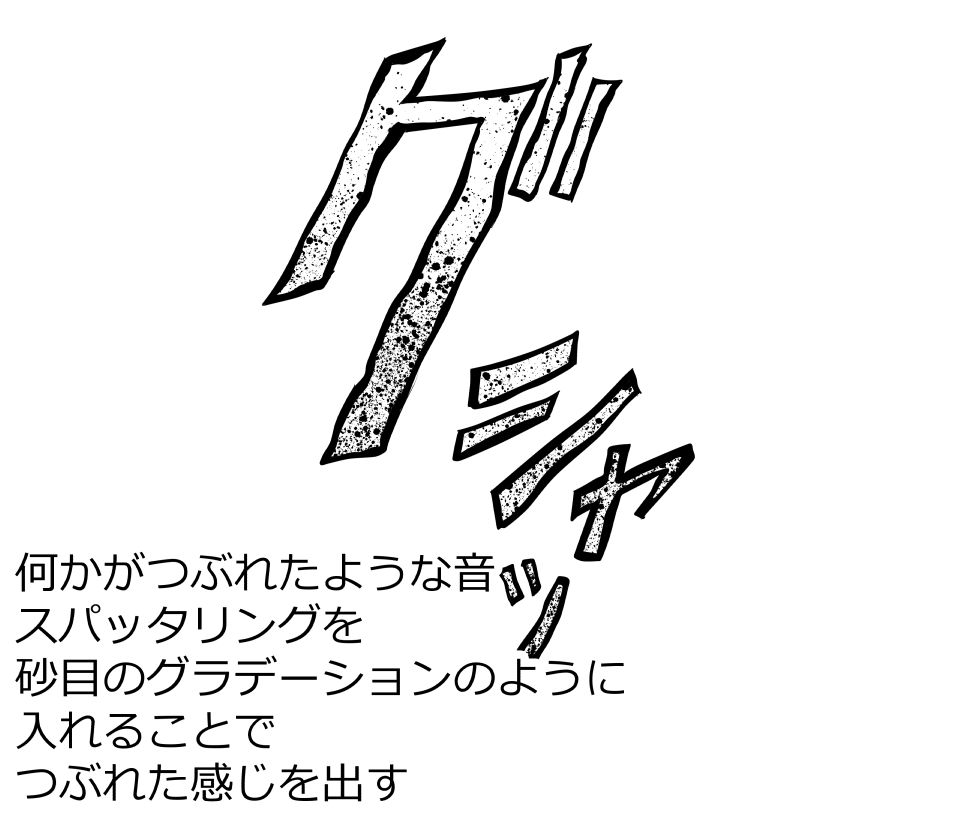 何かがつぶれた音の描き文字