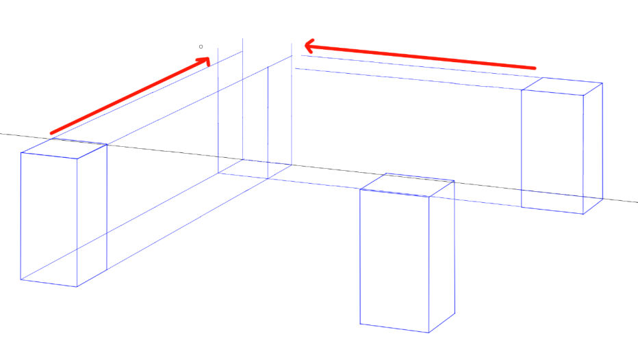 左奥の柱を描くためにほかの柱を基準にパース線を引く