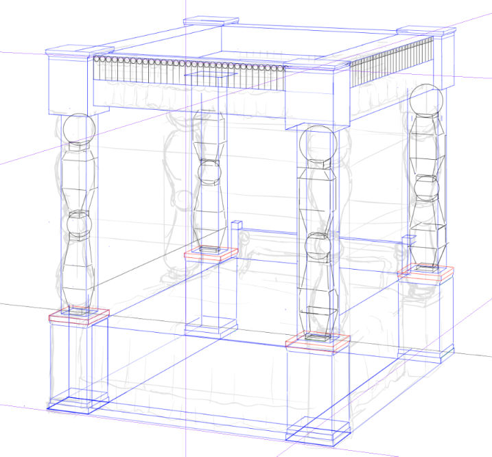 ベッドの柱を描くための基準の線