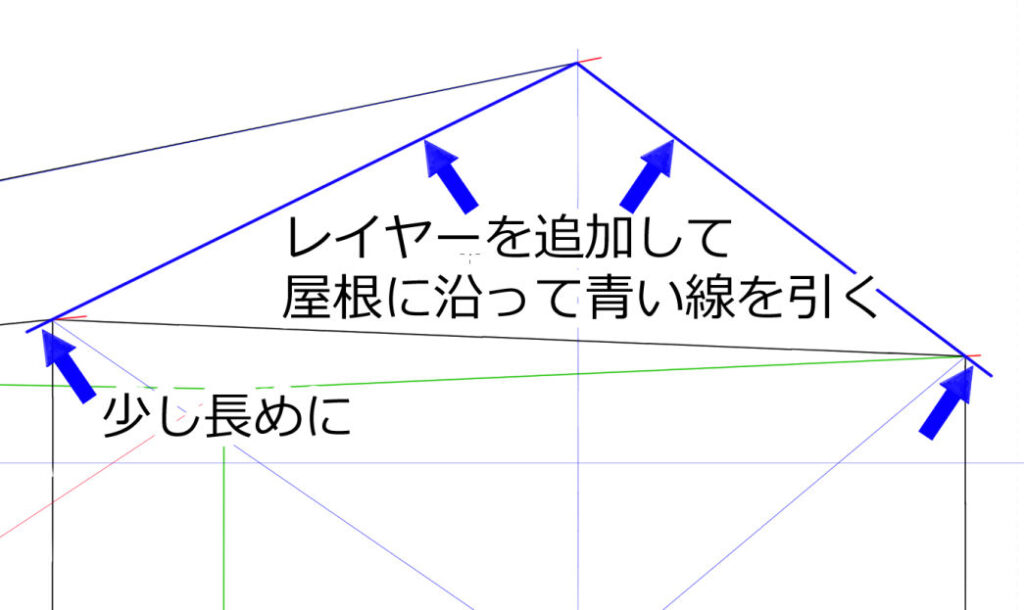 レイヤーを追加して屋根に沿って青い線を引く