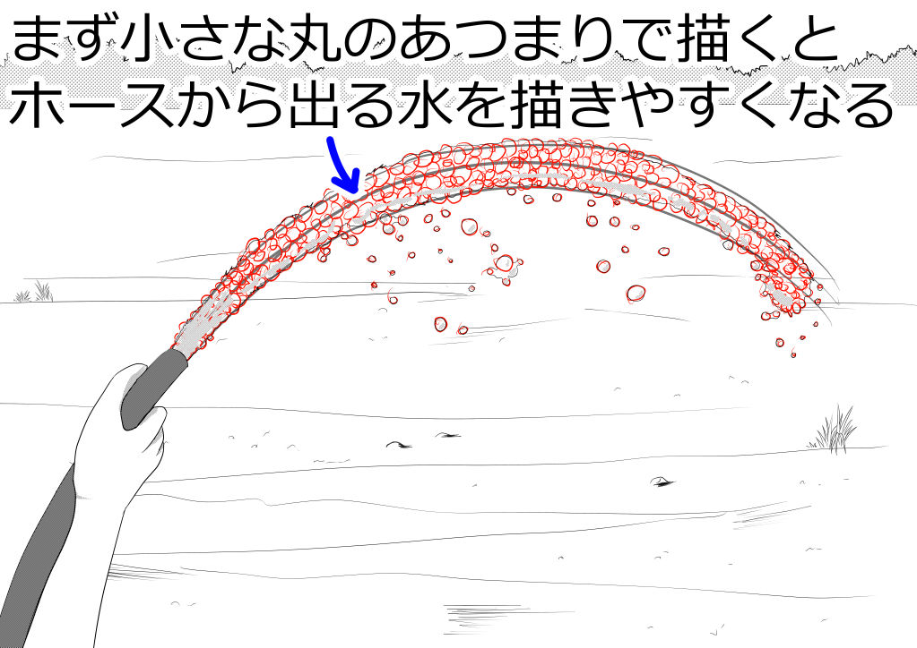 ホースでまく水のアタリ